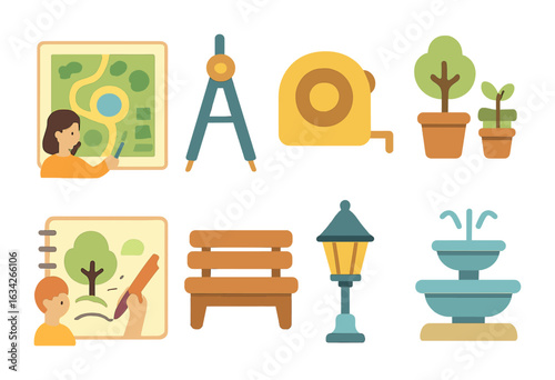 Children's Garden Design Icons. Flat vector mini-illustrations landscape architects designing outdoor spaces