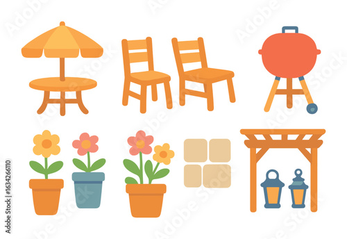 Colorful Patio Icons. Flat vector mini-illustrations outdoor patio design in colors children's illustrations: