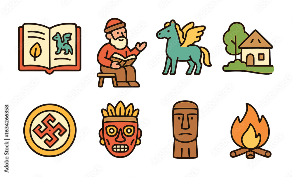 Obraz premium Folklore Icon Narratives. Flat vector mini-illustrations documenting folklore and myths in colors children's