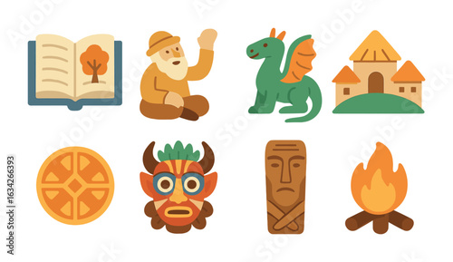 Folklore Icon Narratives. Flat vector mini-illustrations documenting folklore and myths in colors children's