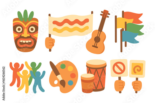 Colorful Cultural Icons. Flat vector mini-illustrations cultural protests in colors children's illustrations: