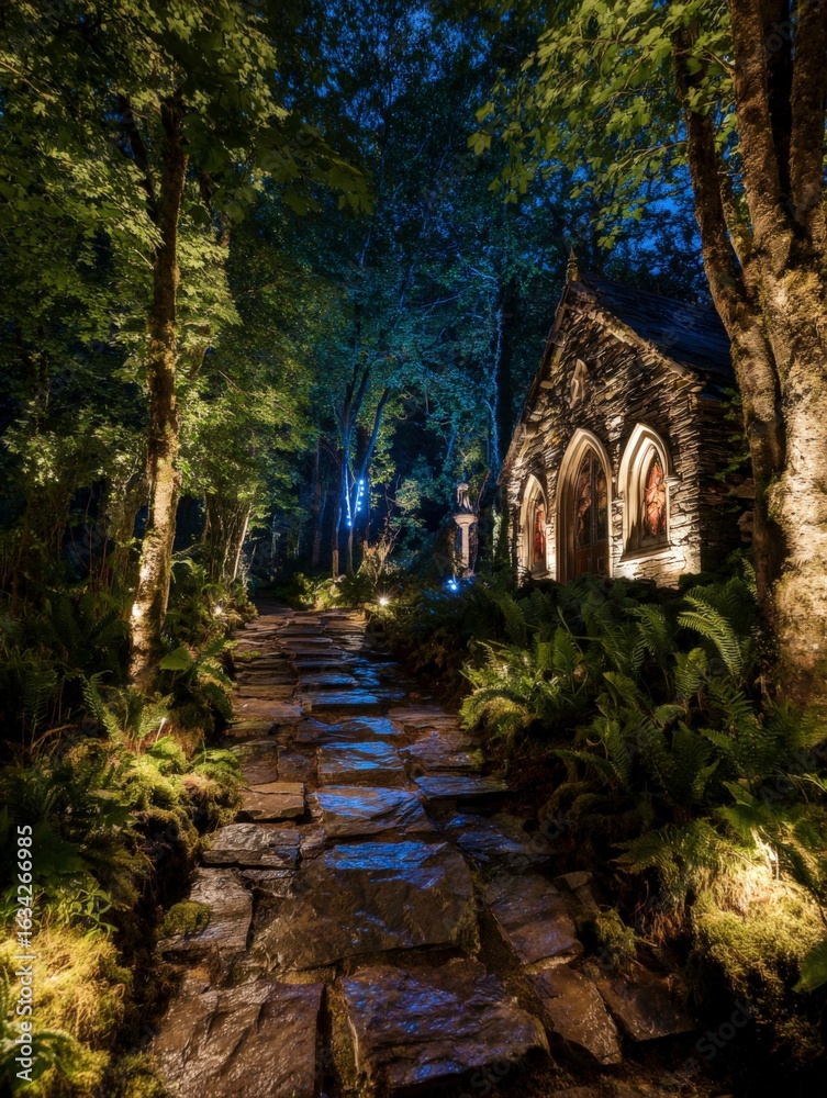 Obraz premium Illuminated Stone Chapel and Mossy Path at Night
