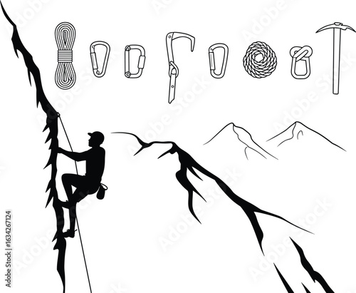 Silhouette of rock climber scaling cliff with climbing gear, rope, carabiners, belay device, ice axe, mountain background, adventure concept