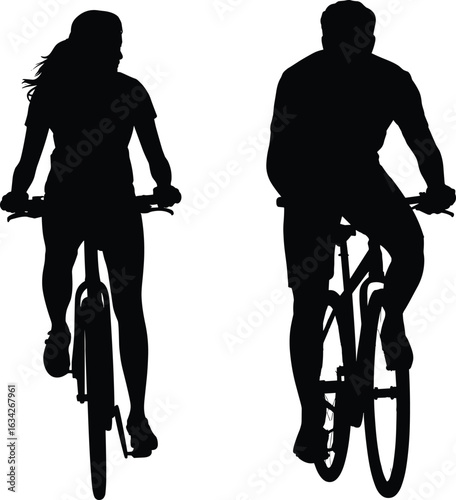 Silhouette of two cyclists riding bikes, black and white minimal design showing long and short hair figures in forward motion