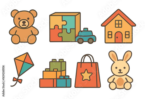Toy Store Icons. Flat vector mini-illustrations toy retail franchises in colors children's illustrations: