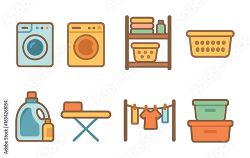 Laundry Room Icons. Flat vector mini-illustrations laundry room setup in colors children's illustrations:
