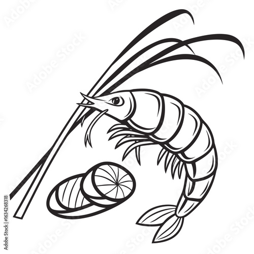 Black and white shrimp with lemon slices and chopsticks