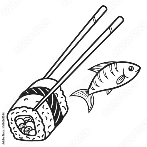 Sushi roll with chopsticks and fish asian