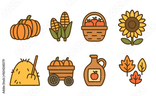 Harvest Festival Icons. Flat vector mini-illustrations harvest festival in colors children's illustrations:
