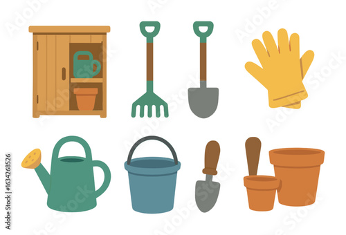 Garden Tools Collection. Flat vector mini-illustrations storage cabinet for garden tools in colors children's