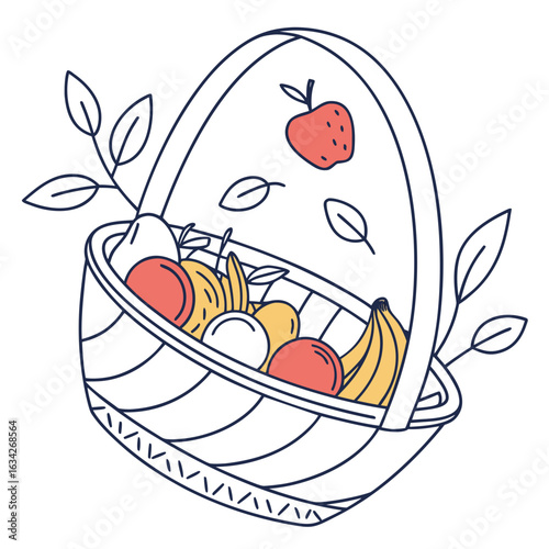 Fruit basket with apples bananas peaches and leaves