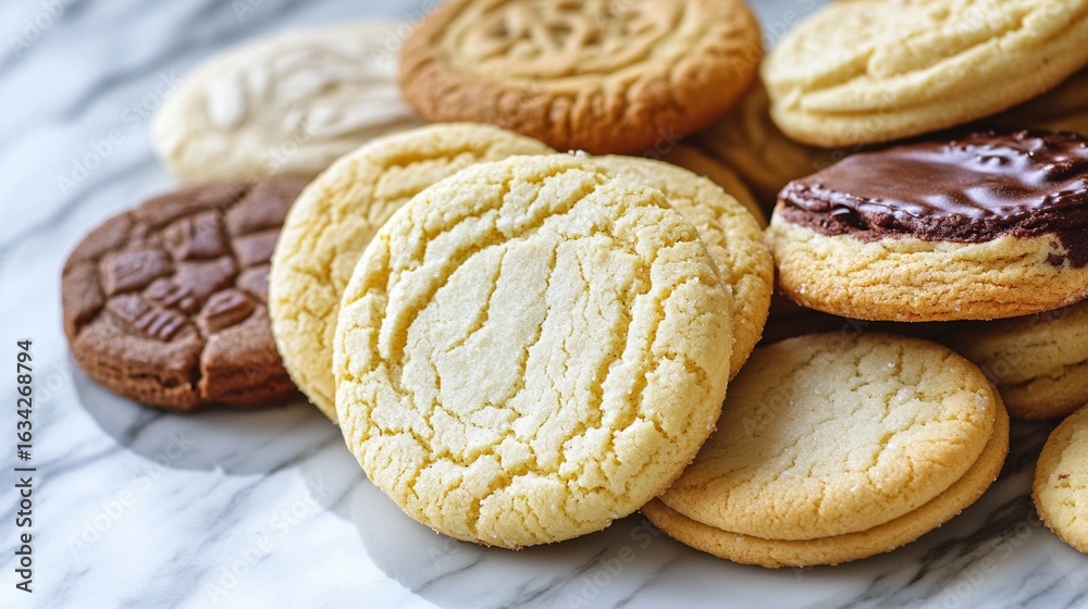 Freshly baked assorted cookies with golden and chocolate varieties showcasing delicate textures and homemade baking artistry on elegant marble background Freshly baked assorted cookies with golden and chocolate varieties showcasing delicate textures and homemade baking artistry on elegant marble background