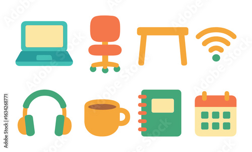 Coworking Space Essentials. Flat vector mini-illustrations coworking space essentials in colors children's