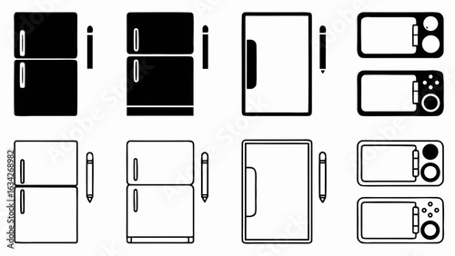 Illustration showing refrigerators doors and microwaves in black and white outline style design format silhouette