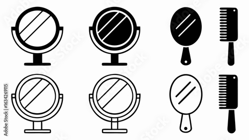 Illustration of vanity mirrors and hair combs in black and white minimalist design for beauty accessories silhouette