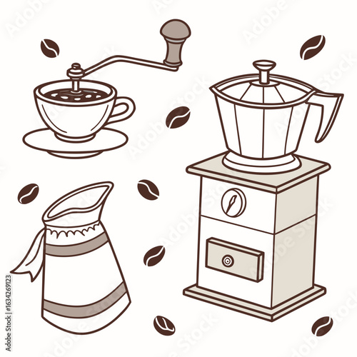 Coffee grinder moka pot cup beans saucer
