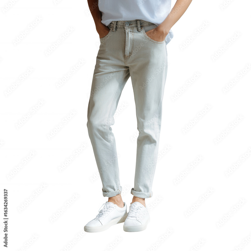 Naklejka premium Young adult wearing casual outfit, standing confidently with hands in pockets. The outfit includes light jeans and white sneakers on a white isolated background.