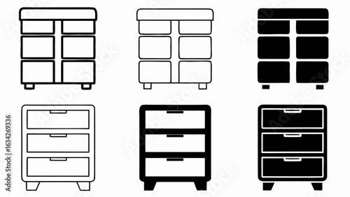 Illustration showing six different styles of chest of drawers in black and white outline format art silhouette