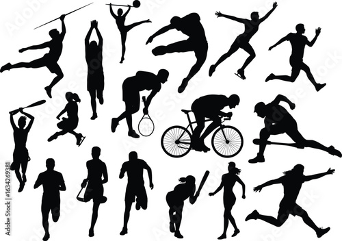 Silhouettes of 18 athletes in action — javelin, weightlifting, volleyball, tennis, cycling, gymnastics, running, sports motion in black design
