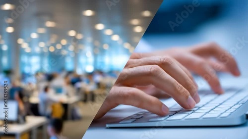 Dynamic Split View Showcasing Office Productivity and Hands Actively Typing on a Keyboard