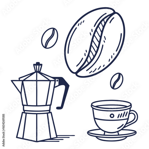 Coffee beans moka pot cup saucer coffee cup drink