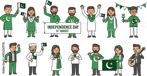 Diverse group celebrating pakistan independence day with flags and traditional attire in cartoon style