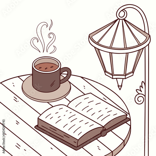 Cozy coffee book and lamp scene coffee cup steaming coffee