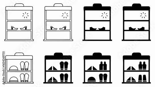 Illustration of shoe racks displaying various footwear including heels, sandals, and closed toe shoes neatly arranged silhouette