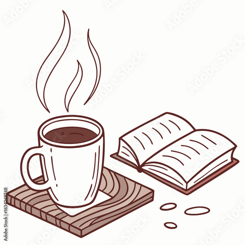Hot coffee cup beside open book and beans reading