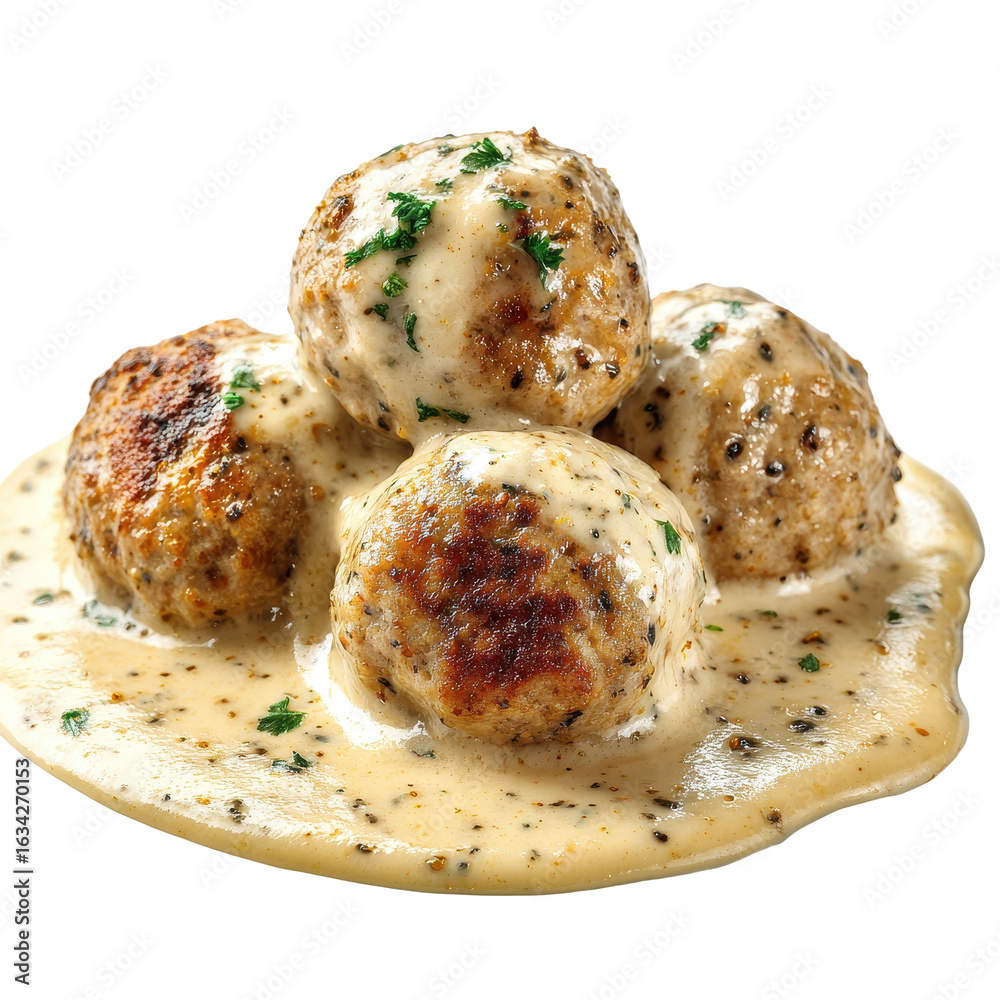 Fototapeta premium Delicious meatballs served in a creamy sauce, garnished with herbs for an enticing meal experience