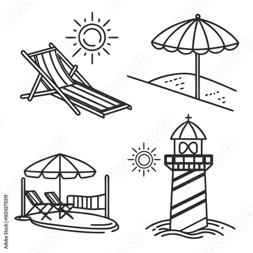 Beach resort icons sun lounge chair lighthouse vacation