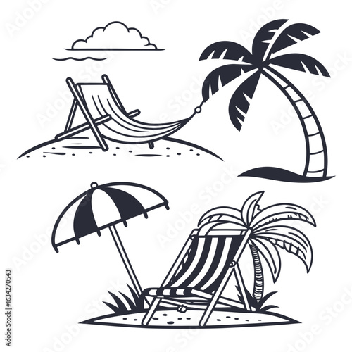 Beach resort icons palm trees umbrella deck chair