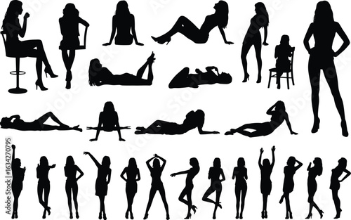 Silhouettes of 24 people in varied poses — sitting, standing, lying down — black figure design for art, reference, and modeling