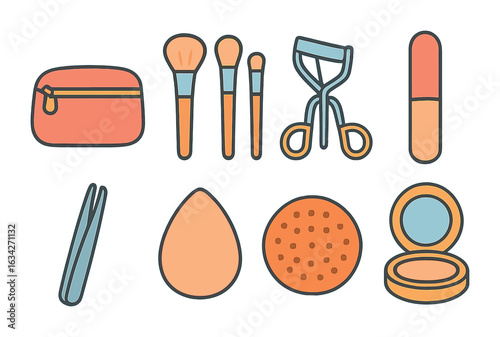 Colorful Cosmetic Icons. Flat vector mini-illustrations cosmetic tools in colors children's illustrations: