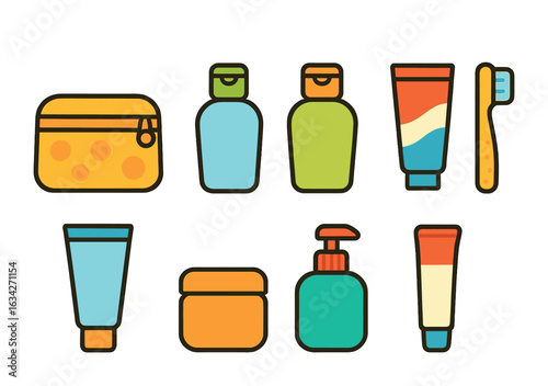 Kids' Travel Toiletries. Flat vector mini-illustrations travel cosmetic bag in colors children's illustrations