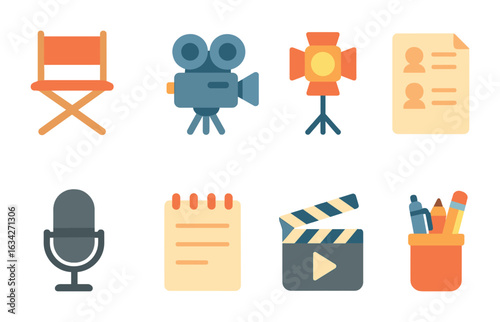 Film Casting Icons. Flat vector mini-illustrations casting day in colors children's illustrations: director’s