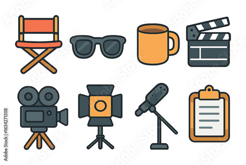 Director's Toolkit Icons. Flat vector mini-illustrations movie director’s essentials in colors children's