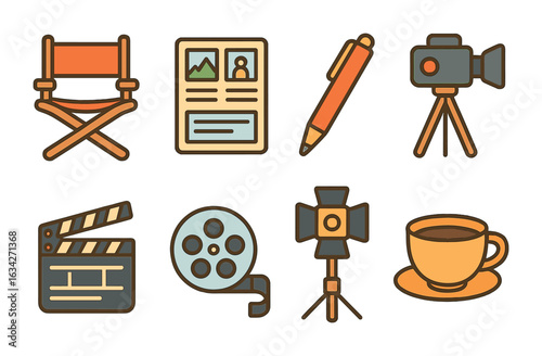 Film Equipment Icons. Flat vector mini-illustrations cinematic scene planning in colors children's