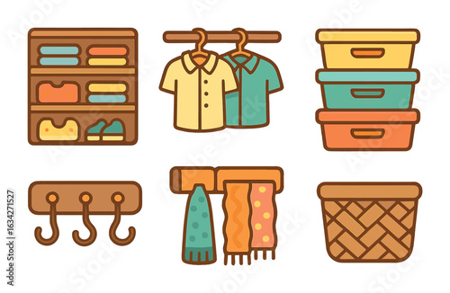 Colorful Closet Organization. Flat vector mini-illustrations utilizing closet organizers in colors children's