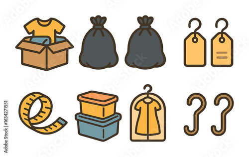 Closet Decluttering Tools. Flat vector mini-illustrations closet decluttering tools in colors children's