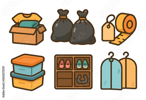 Closet Decluttering Tools. Flat vector mini-illustrations closet decluttering tools in colors children's