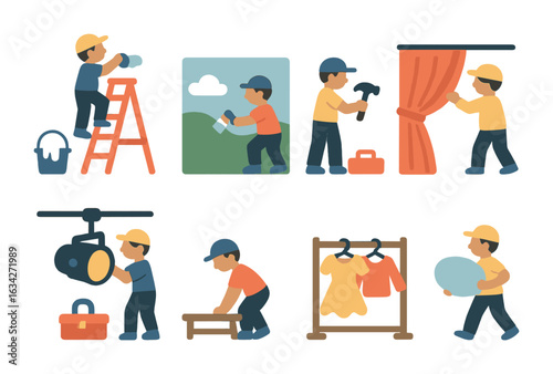 Theater Prep Essentials. Flat vector mini-illustrations A group of stagehands preparing props and scenery for