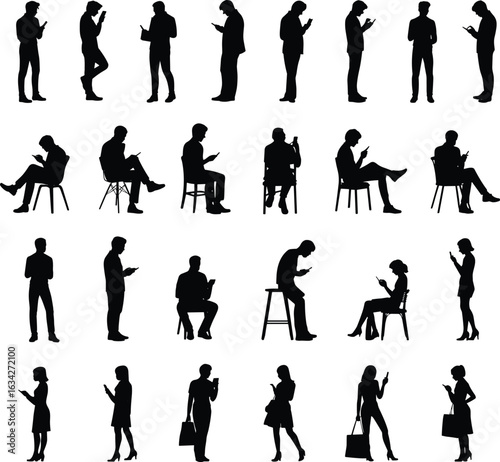 Silhouettes of 24 people using mobile phones in standing, sitting, walking poses—black design showcasing everyday smartphone interaction and posture variety