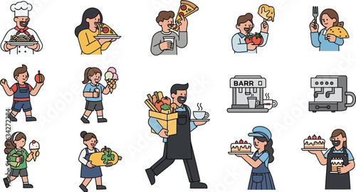 Collection of people eating and working with food and drinks in a cartoon style illustration