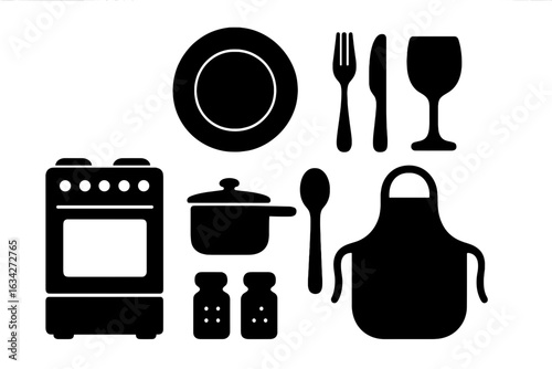 Kitchen utensils and cooking equipment vector illustration for culinary design and food preparation concepts on transparent background silhouette