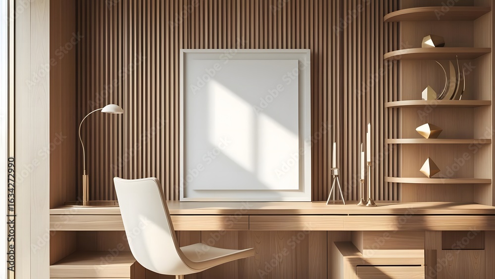 Fototapeta premium Modern vanity with a chair and a mirror against a slatted wood wall