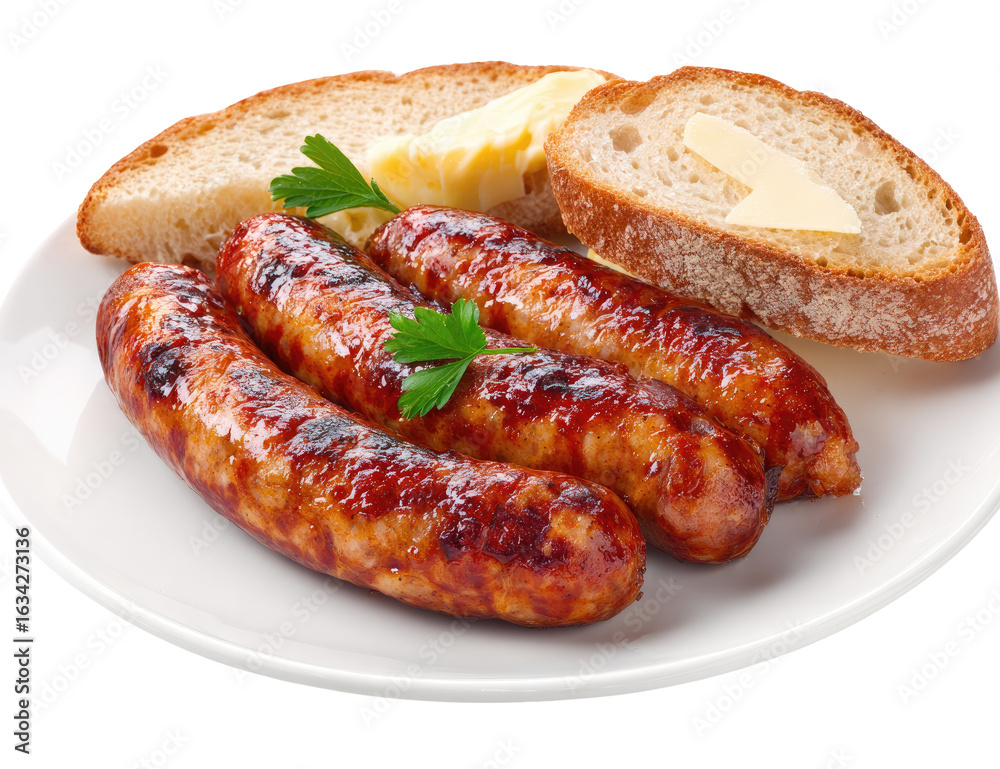 Three grilled sausages on a plate with slices of buttered bread