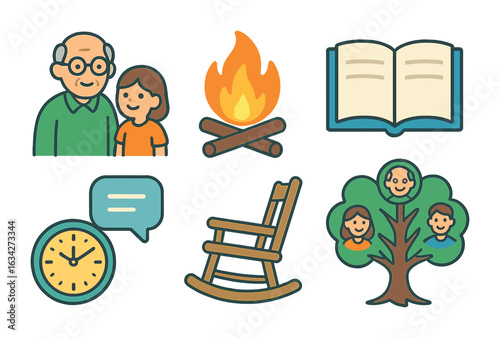 Generational Stories in Icons. Flat vector mini-illustrations Generational storytelling moments in colors