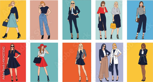 Collection of fashion illustrations featuring women in various stylish outfits and poses