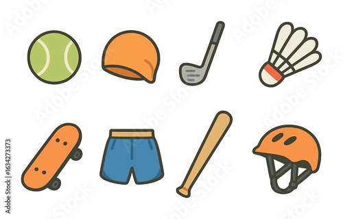 Kids' Sports Gear. Flat vector mini-illustrations Individual sports equipment in colors children's